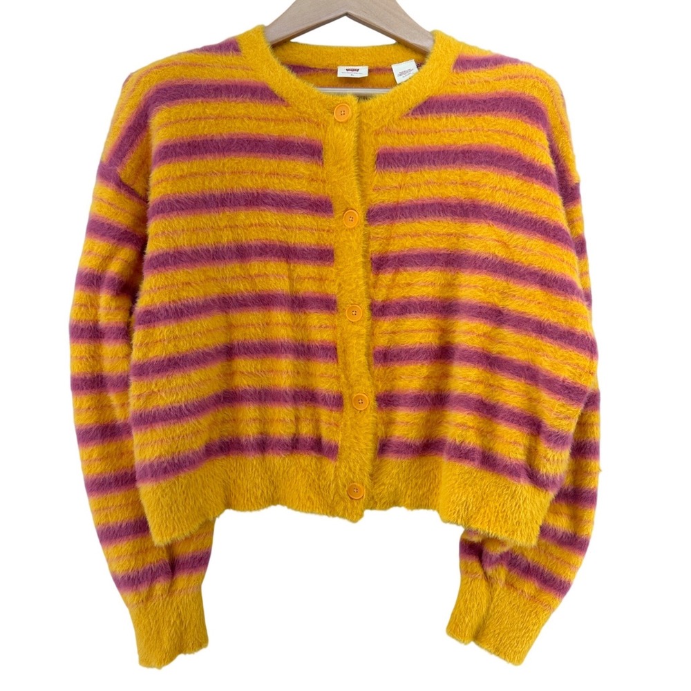 Levis Cat Cardigan Striped Fuzzy Eyelash Knit Button Sweater Womens XL Crop Top